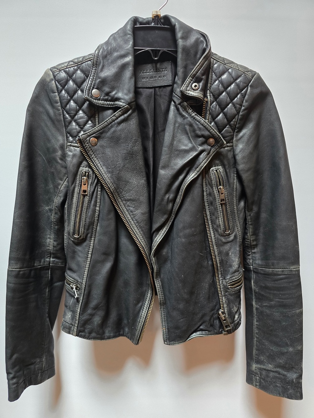 All Saints Black Quilted Leather Moto Jacket - 00